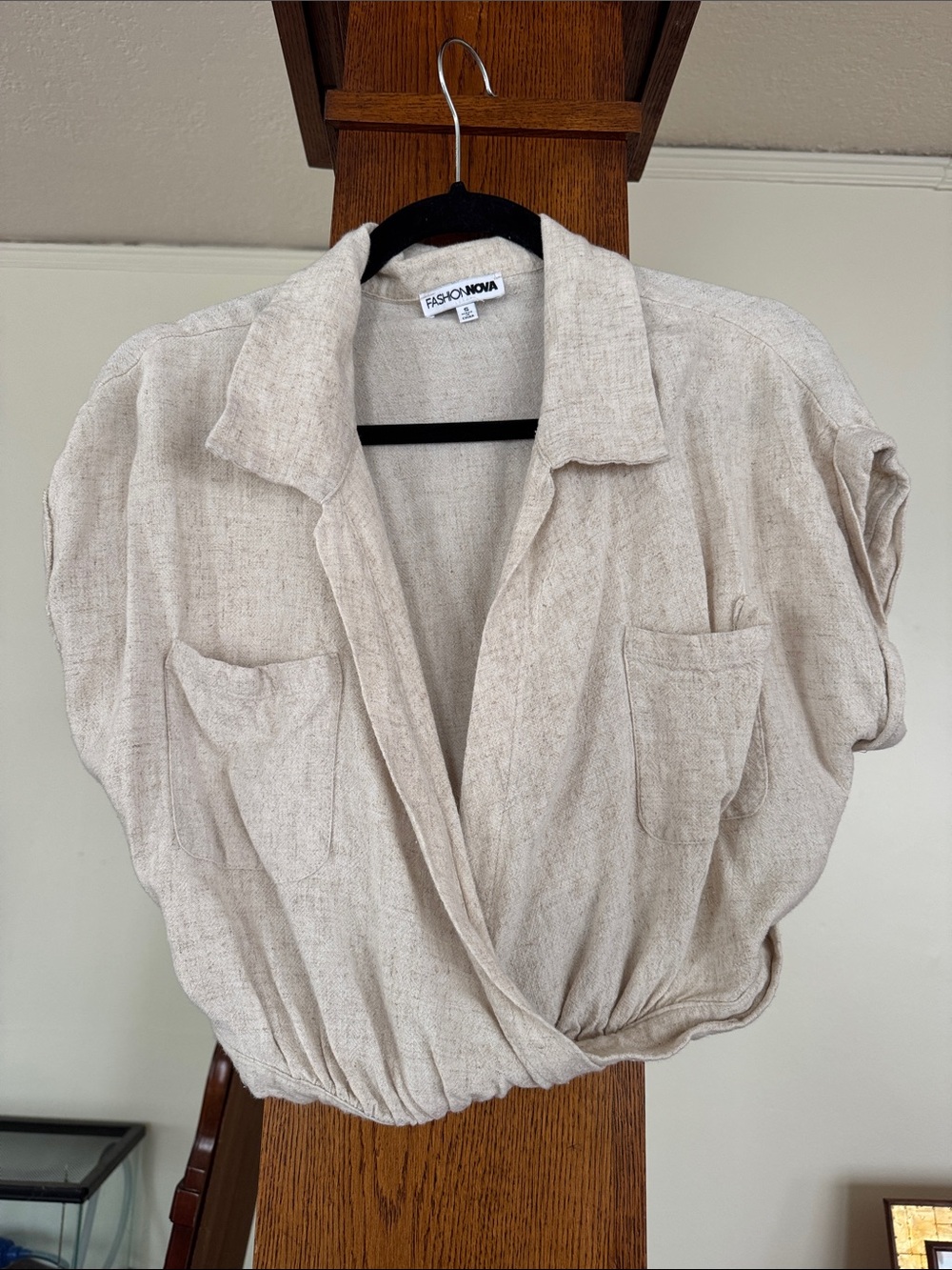 Fashion Nova Neutral Beige Linen Surplice Crop Top